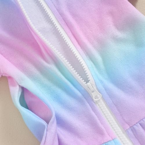 Girls Gradient Color Swim Cover Up One Piece Swimsuit Tie Dye Zip Short Sleeve Ruffle Hooded Terry Coverup Swimwear4