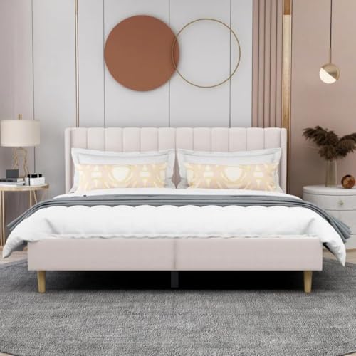 Image of Low Profile Upholstered Platform Bed with Winback Headboard | Bed Queen Size | Bed for Bedroom, Living Room | Bed Without Storage | Mattress not Included | Fabric Color:- Cream