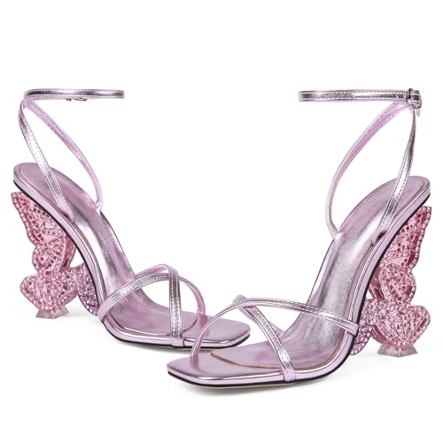 Rhinestone Butterfly High Heels for Women - Open Round Toe Stiletto Heel Sandals with Ankle Wrap Buckle Wedding,Prom,Evening Dressy Shoes3