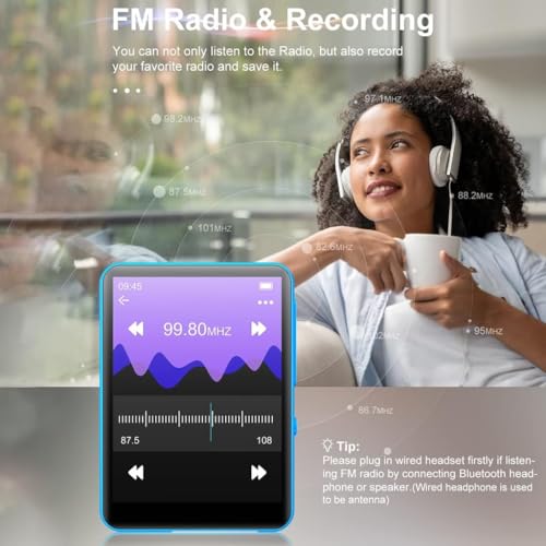 Image of AUDIOCULAR M31 16GB Portable Mp3 Music Player with Bluetooth, 2.4 inch LCD Touch Screen, Video Playback, Built-in Speaker, Voice Recording Function Mini HiFi Lossless Digital Audio Player (16GB - Blue)