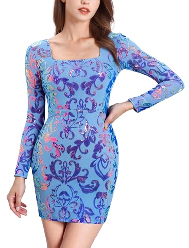 Women's Long Sleeve Sparkly Sequins Bodycon Mini Dress Party Nightclub Dresses Crisscross Straps Tie Back