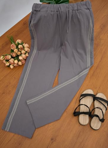 Womens Linen Pants with Pockets Soft Comfy Summer Beach Pants Casual Elastic High Waisted Trousers Wide Leg Pants with Drawstring Grey XL3