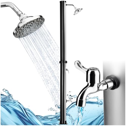 tectake® Ducha Exterior Jardin, Resistente a la Intemperie, Temperaturas Altas, Alcachofa 360°, Grifo de Ducha Jardin para Pies, Conexión Manguera, Ducha Solar Exterior - 20 L Negro/Plata