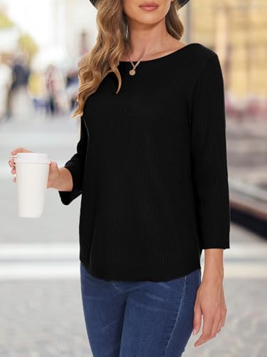 Women's Casual 3/4 Sleeve Solid Color Crew Neck Loose Pullover Knit Sweaters Tops