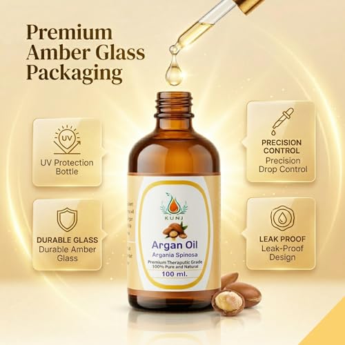 Image of KUNJ Argan Oil 100ml | 100% Pure & Natural Cold Pressed Moroccan Argan Oil | Undiluted Oil for Hair Nourishment, Skin Hydration, Face Care & DIY Beauty Use