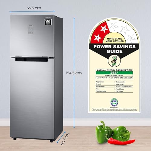 Image of Samsung 236 L, 2 Star, Convertible, Digital Inverter, with Display Frost Free Double Door Refrigerator (RT28C3742S8 /HL, Silver, Elegant Inox)