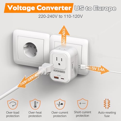 Voltage Converter US to Europe Travel:Worldwide 220V to 110V Voltage Converter with 2 USB A and 2 USB C, PD Fast Charge Adapter Plug Power Converter for France Italy Spain etc(White)3