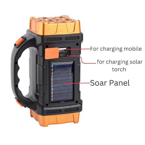 Image of Solar Torch Light, Portable Handy Flashlight with USB Charging,Twin Bulb Led & Cob for Farmer, Hunting, Camping, Outdoor & Everyday Task (Abs,1500 Mah, 1000 Lumen)