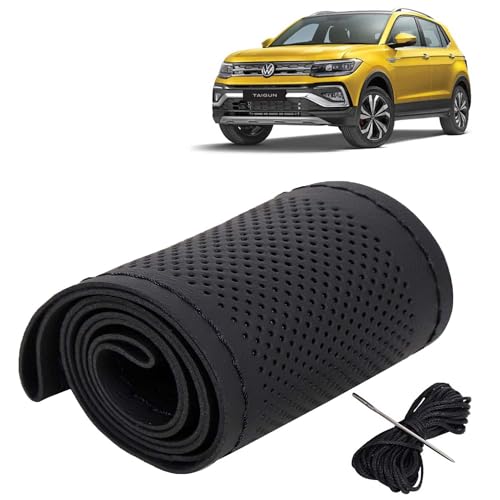 Image of KINGSWAY PU Leatherite Car Steering Cover Sewable Compatible with Volkswagen Taigun (Year 2021 Onwards), Black Color with Black Thread, Pack of 1 with Sewing Needle and Thread