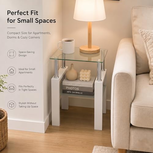 Image of Meihua Tempered Glass End Table, White Modern Square Side Table with Metal Frame, 2-Tier Glass Accent Table for Living Room, Bedroom, Apartment & Small Spaces