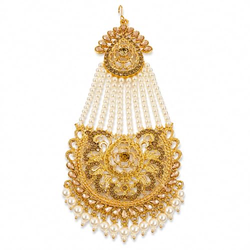 Image of Gold-Toned Pasa Jhumar with Pearl Strands and Crystal Embellishments