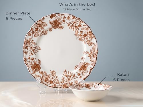 Image of Bodhi House Porcelain Dinner Set 12 Pieces - Brown Leaf | 6 Dinner Plates, 6 Katori Bowls | Premium Crockery Set for Dining, Kitchen & Gifting