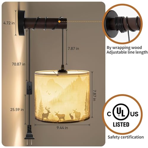Image of Deer Plug in Wall Sconces Set of 2, Rustic Wall Sconce with Adjustable Cord & Wooden Arm, Western Wall Light Fixtures, Forest Wall Lamps for Bedroom, Living Room