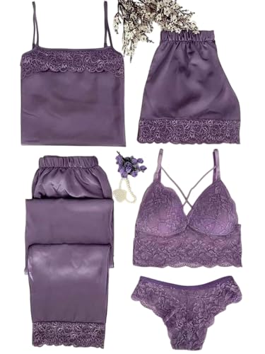 Image of Valentine's Day Fancy Night Suit & Bra Penty Set Combo for Women's Pack of 7 Pcs Nightwear Lingerie Purple Nightwear Wedding Gifts