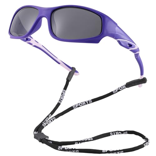 Hycredi Kids Sports Polarized Sunglasses - Unbreakable Youth Baseball Beach Sunglasses with Strap for Boys Girls Age 4-12 - Matte Purple/Gray