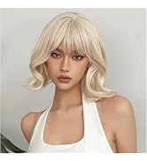 Nuxovin Platinum Blonde Human Hair Wigs Wavy Bob with Bangs Heat Resistant Tangle-Free Curls Ligh...
