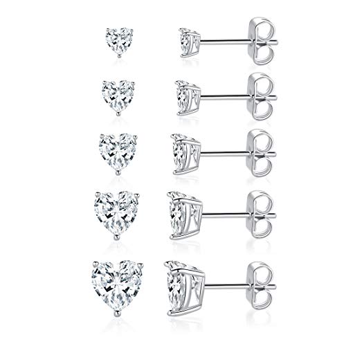 MDFUN 18K White Gold Plated Heart Shape Cut Cubic Zirconia Birthstone Stud Earring Pack of 5 Pairs