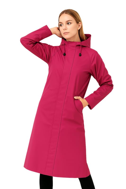 Women Overcoat – Waterproof Long Coat with Drawstring Hood (Pink,XXLarge)