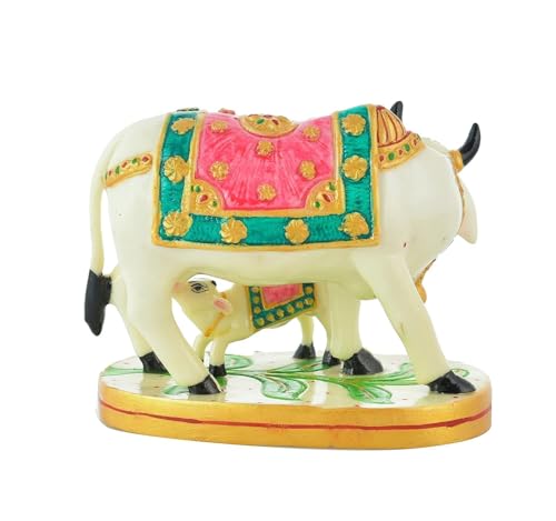 Image of Calf Statue in Marble Dust, 9CM Holy COWw Idol, Showpiece for Home Decor, Handmade Divine COWw, Mother COWw with Baby Calf, kamdhenu (Pink)