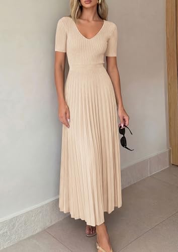 Image of PRETTYGARDEN Women's 2026 Spring Midi Sweater Dresses Elegant Pleated Ribbed Knit Short Sleeve V Neck A Line Summer Outfits