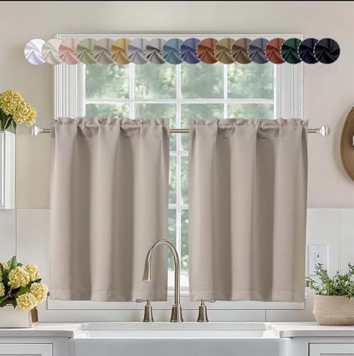 Image of Aiyufeng Stone Short 36 Inches Blackout Curtain 2 Panels Set, Half Window Rod Pocket Privacy Curtain Tiers for Kitchen, Curtains Blackout for Bathroom Shades, W40 x L36 Inch, Stone