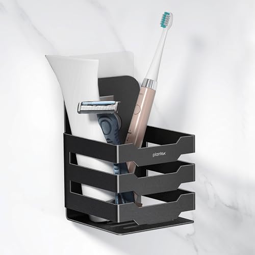Image of Plantex Self Adhesive Tumbler Holder for Barthroom /Stainless Steel Toothbrush Holder /Toothpaste Stand /Bathroom Accessories - Pack of 1 (1252, Black)