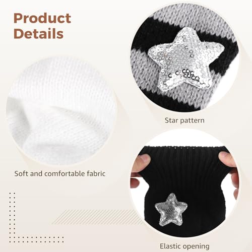 6 Pairs Star Patterned Leg Warmers, Knit Knee-High Socks, Soft Stretchy Acrylic Fiber, Perfect for Chunky Shoes and Daily Outfits, Black, White, Gray, and Striped Styles3