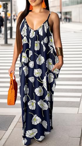Image of Women's Casual Summer Maxi Dresses Sleeveless Adjustable Spaghetti Strap Loose Plus Size Dresses