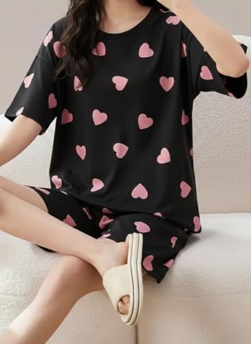 Image of SMOWKLY Women Korean Shorts Pajama Set |Summer Night Top & Shorts Dress |Cotton Blend Nightwear Set Top & Shorts Sleepwear Lounge Wear Soft Comfortable Night Suit Ladies | Co-Ord Home Wear Set