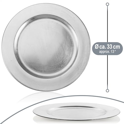com-four® 4x Platzteller gebürstet - wiederverwendbare Unterteller als Tischdekoration - edle Dekoteller für Hochzeit, Familienfeier oder Weihnachten - Charger Ø 33 cm - Servierplatten