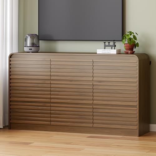 Image of 9 Drawer Dresser for Bedroom,59 inch Wide Fluted Dresser with Curved Edge and Ergonomic Handleless, Large Wooden Clothes Storage Organizer, Modern Chest of Drawers for Closet, Living Room,Walnut