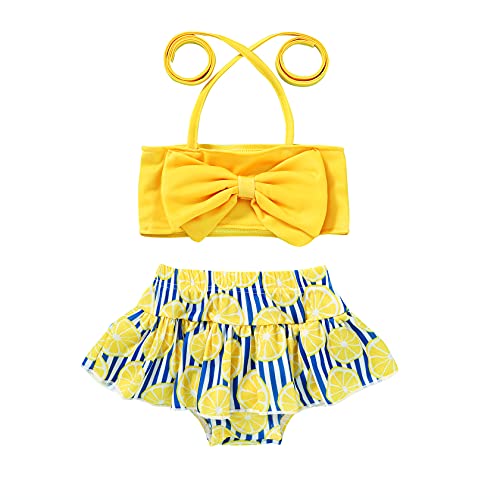 JEELLIGULAR Toddler Baby Girl Swimwear Bowknot Stripe Swimsuit Bathing Suit 2Pcs Bikini Set Outfits Summer (18-24 Months, Lemon)