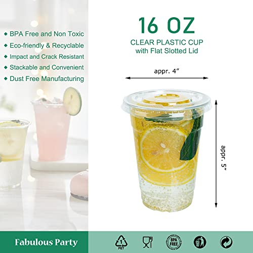 Fabulous Party 100 Sets BPA Free 16 Oz Plastic Cups with Lids, Premium PET Crystal Clear Cups Ice Coffee Cups with Cover, Clear Disposable Cups for Smoothie Juice Bubble Tea Soda Cold Drink