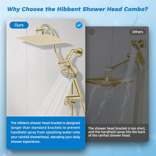 Image of Hibbent High Pressue All Metal 10 inch Rainfall Shower Head, Handheld 10-Spray | cUPC Certified Brushed Gold Dual Showerhead Combo, 4-way Diverter with Pause Mode, Brass Extension Arm, 71'' Hose & Holder