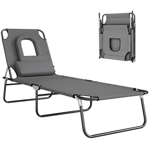 Outsunny Folding Sun Lounger with Face Hole, 4-Position Adjustable Backrest Garden Recliner Chair...