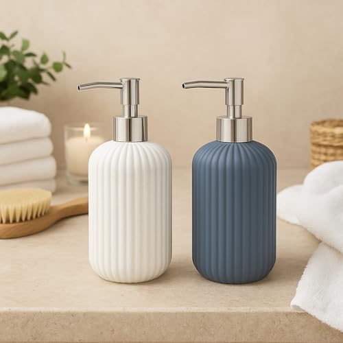 Image of LAGET 300ml Soap Dispenser for Wash Basin -Ribbed Design | Kitchen and Bathroom Accessories Items | Liquid Handwash Dispenser Bottle Chrome Finsih Top- Set of 2 (White and Metallic Blue)