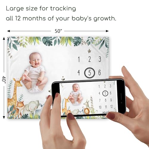 Image of Yuzioey Safari Baby Milestone Blanket with Birth Stat Sign, Jungle Animals Growth Chart Monthly Blanket, Watch Me Grow Safari Animals Baby Nursery for New Moms Shower(50 inchx40 inch)