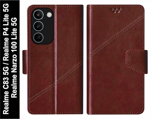 Image of SBMS Flip Cover for Realme C83 5G /Narzo 100 Lite 5G /P4 Lite 5G Back Case with Magnatic Closure | Genuine Leather Finish | Inbuilt Stand | Card & Money Pocket | Wallet Style Flip Cover (Coffe Brown)