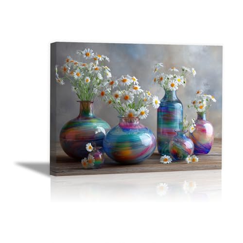 Tableau Vase Daisy coloré HOQIU en toile de décoration murale multicolore 60x80cm encadrée