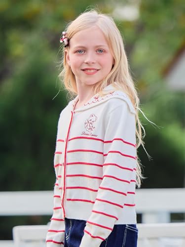 Girls White Cardigan Sweater Stripes,Sailor Collar Long Sleeve Knit Button Down Front,Kid Fall Tops for 6-16Y3