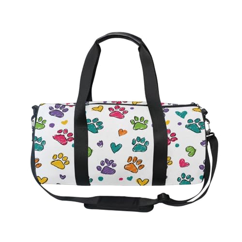 Colorful Paw Print Sports Duffel Bag Barrel Gym Bag with Adjustable Shoulder Strap, Spacious Main Compartment Side Pockets and Full Print Design for Fitness Travel and Sports2