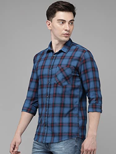 Image of VOI Jeans Men's Blue Slim Fit Checks Casual Shirt-VOSH1685-Shirt
