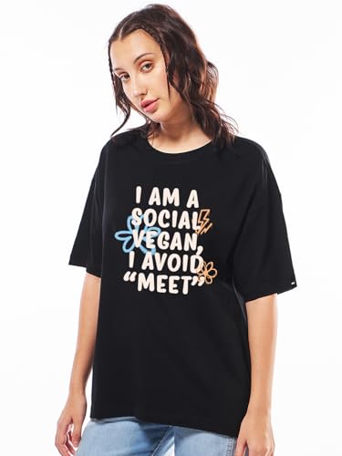 Image of Bewakoof Women's Being Cute is My Super Power Graphic Print 100% Cotton T-Shirt- Oversized Fit, Round Neck, Half Sleeve