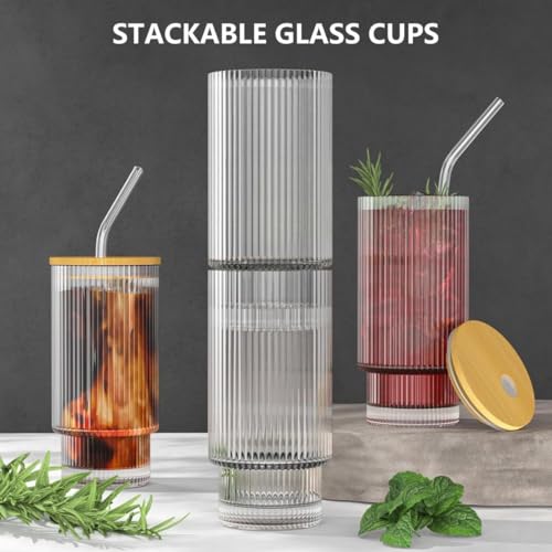 Image of HomeWiz Ribbed Glass Tumbler Set of 2 (450ml) with Bamboo Lid & Glass Straw - Vintage Sipper Glasses | Borosilicate Cups for Cold Coffee, Iced Tea, Juice & Smoothies | Reusable Cold Brew Tumbler