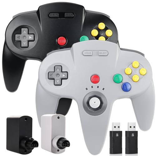 Image of 2 Pack Wireless N64 Controller for Switch 1 & 2, N64 Console, Black /Gray | (Built-in Vibration) (Rechargeable) (3D Analog Stick), 2.4 GHz USB & N64 Receiver Made for Switch Online, Windows PC, macOS