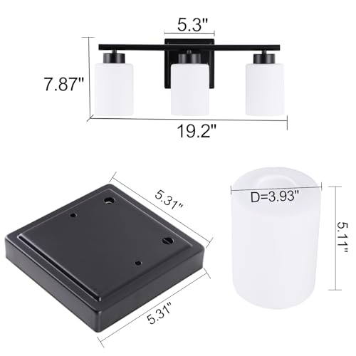 Image of 3 Light Bathroom Light Fixtures, 19.2 Inches Vanity Lights for Mirror, Black Vanity Lighting Fixtures with Milky White Glass Shades