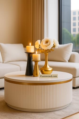 Image of Modern Round Centre Table - 76x76x46 cm | White Marble Top with Gold Accent Strip & Charcoal Louvers | Luxury Coffee & Tea Table for Living Room, Lounge & Entryway (White)