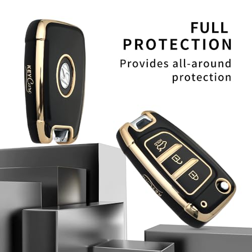 Image of Keyzone TPU Key Cover Compatible for Hyundai i20, Kona, Verna 3 Button flip Key (GoldBlack with GoldBlack Keychain)