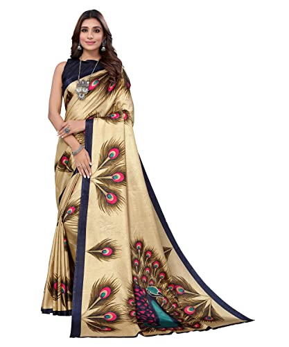 Yashika Women's Art Silk Kalamkari Bhagalpuri and Kashmiri Style Soft Saree with Blouse Piece (Golden Peacock_Y), Golden, Free Size