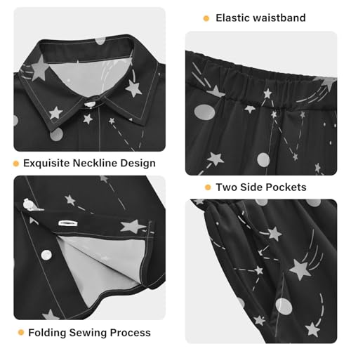 Image of Boys Short Sets Hawaiian Outfits Nigh Sky Star Line for Kids, Summer Beach Button Down Shirt and Short 2 Piece Sets with Pockets Size 5-6Y